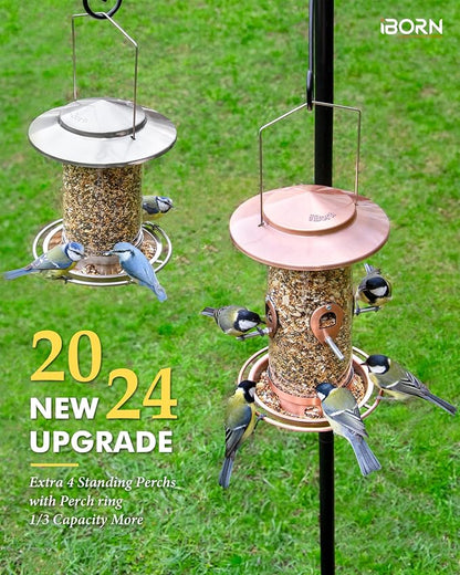 iBorn Metal Bird Feeder for Outside Hanging,Wild Bird Feeders for Cardinal,17.8cm Large Roof&Tray Brushed Copper 10 Port(Seed is not Included)