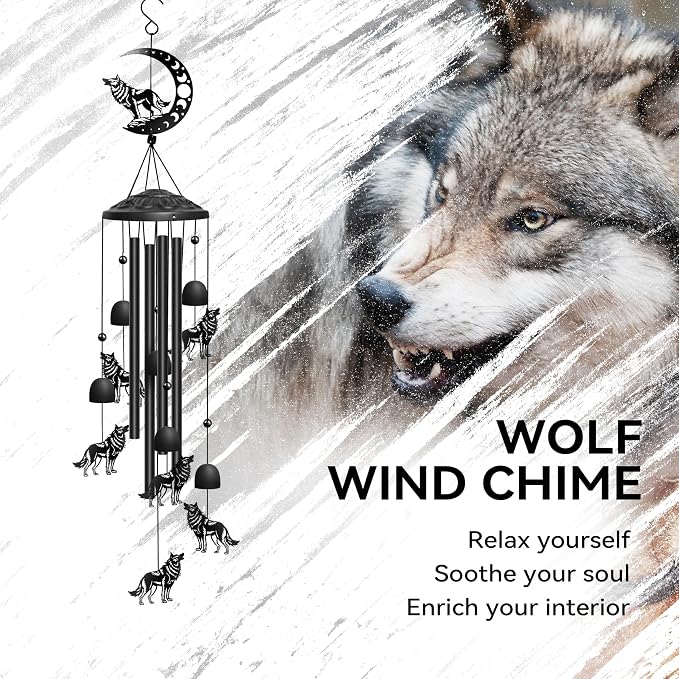Wolf Wind Chimes Outdoor Wolf Gifts for Women/Men/Mom/Grandma Birthday Gifts Memorial Gift Metal WindChimes for Outside/Indoors, Home, Lawn, Porch, Patio, Garden Decor, Yard Decorations (Black)