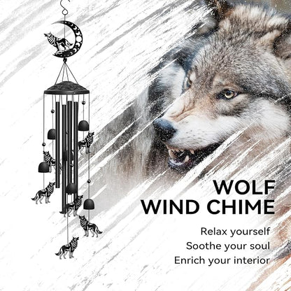 Wolf Wind Chimes Outdoor Wolf Gifts for Women/Men/Mom/Grandma Birthday Gifts Memorial Gift Metal WindChimes for Outside/Indoors, Home, Lawn, Porch, Patio, Garden Decor, Yard Decorations (Black)