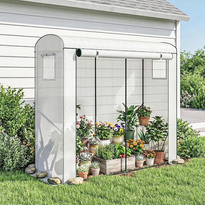 Outsunny Mini Greenhouse, Portable Greenhouse with Roll-Up Door and 2 Mesh Windows, Small Green House with PE Cover for Garden Patio Lawn, 78.7" x 29.5" x 74", White