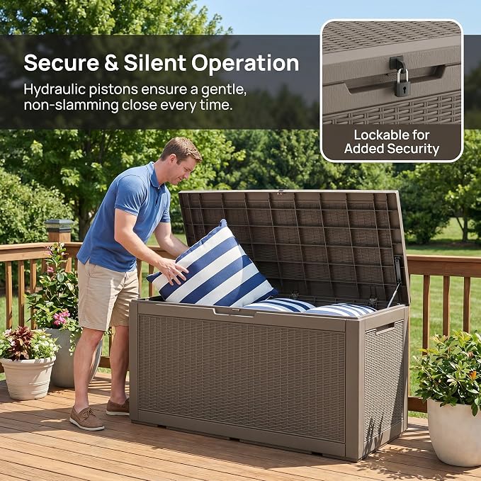 100 Gallon Deck Box, Waterproof Resin Rattan Outdoor Storage Box Lockable for Patio, Fade Resistant Outdoor Side Table & Organizer for Garden Tools, Pool Floats, Outdoor Cushions, Light Coffee