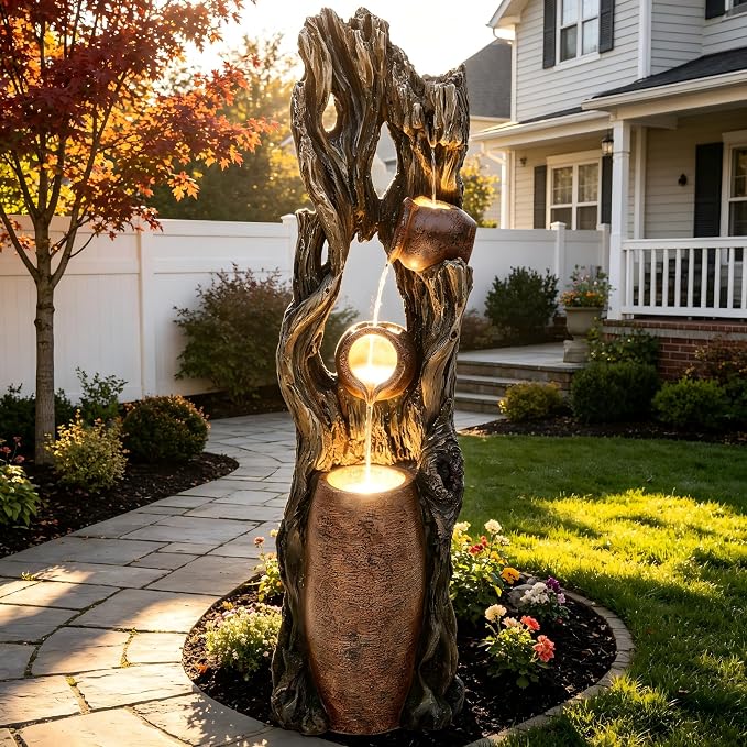 42.7" 3-Tier Outdoor Water Fountain LED Tree Trunk Jar Waterfall | vintage terra-cotta pots, patio backyard garden,Serene Relaxing Porch Decor