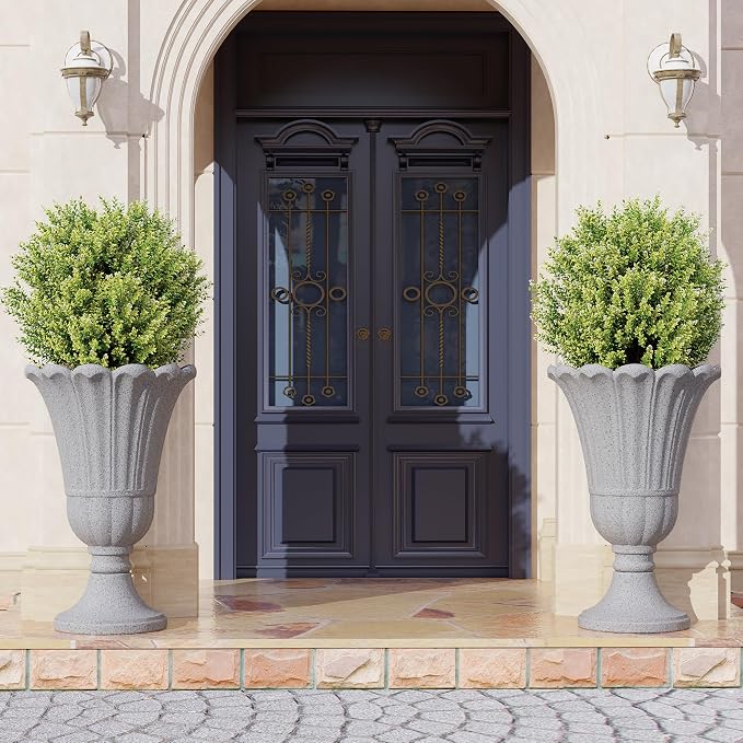 23" Tall Planters for Outdoor Plants Set of 2, Planter with Drainage Holes and Petal Design, Large Outdoor Planters for Porch, Garden, Indoor, Grey