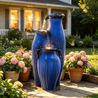 29.5" H Ceramic Outdoor Water Fountain with LED Lights, 3-Tier Vase Cascading Water Feature, Cobalt Blue with Embossed Leaf Patterns, Tranquil Waterfall for Garden, Patio, Yard, or Porch