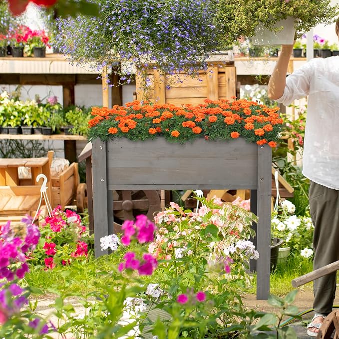 Raised Garden Bed with Legs Elevated Wooden Planter Box for Backyard Patio Balcony Deep Grow Box for Vegetables Flowers Fruits & Herbs (Grey, 31x31x16in)