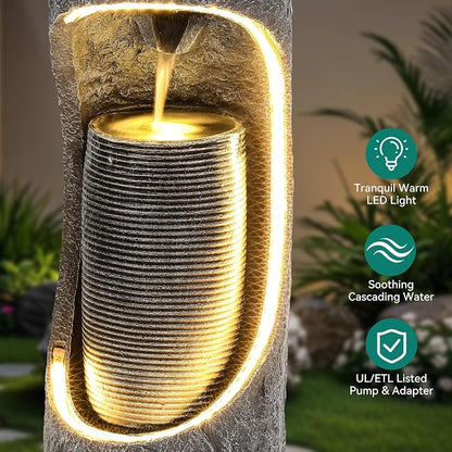 40" Innovative LED Strip Outdoor Water Fountain with Birdfeeder | Unique Dual-Layer Structure Garden Fountain with Soothing Waterfall Foutain for Patio Backyard Garden or Porch Decor