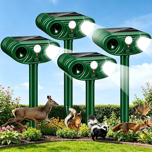 Sonic Fortress Pro Deer Repellent Solar Animal Repellent Outdoor (4pack) | Solar Animal Repellent with PIR Sensor & Flashing Light, Deer Rabbit Squirrel Raccoon Cat Deterrent for Yard Garden Farm