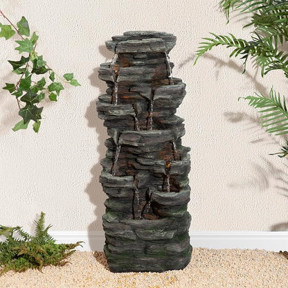 Glitzhome Outdoor Water Fountain, 9-Tiered Rock Floor Fountain with Cascading Water, 39.25" H Polyresin Waterfall Fountain with Pump and LED Light Outdoor Water Feature for Garden Yard Patio Porch