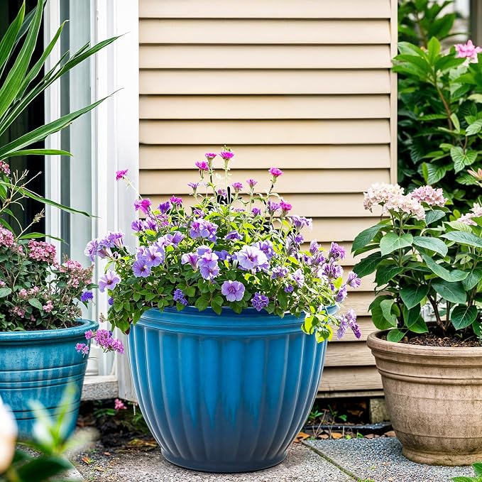 Autodaya 15" Large Flower Pots Set of 2 Plastic Planters for Outdoor Plants | Plant Pot with 3D Textures, Gradient Cobalt Blue Glaze, Weather-Resistant for Porch, Garden, Patio or Indoor Use