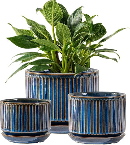 SURE YUESI Ceramic Plant Pots Set of 3, Indoor Outdoor Planters with Drainage Hole and Saucer, Ceramic Flower Pots for Indoor Plants, 4.3+5.5+6.8 Inch, Home, Garden, Patio and Office, Glossy Blue