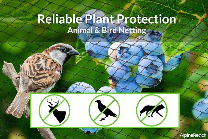 AlpineReach Garden Netting 15 x 30 ft Heavy Duty Bird Net, Deer, Plant Protection Extra Strong Woven Mesh, Reusable Kit with Zip Ties, Animal Fencing for Fruits Trees, Green