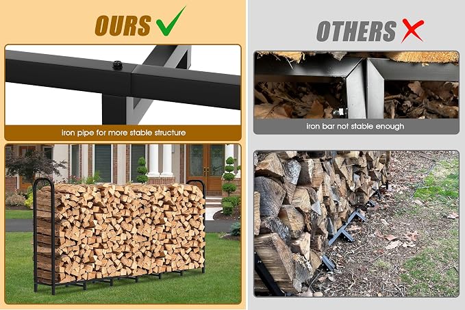 Gtongoko 8ft Heavy Duty Metal Firewood Rack Outdoor Indoor Adjustable Fire Wood Holder Rack for Fireplace, Log Racks for Firewood Outdoor, Wood Pile Storage Organizer, Black