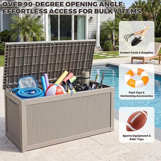 Outdoor Storage Box, 320 Gallon Waterproof Deck Box [Upgraded 3.1], Giant Resin Storage for King Cushions, Lockable Bench Chest, Estate Yard Garden BBQ Gathering, Grey