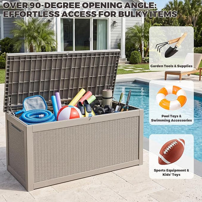 Outdoor Storage Box, 320 Gallon Waterproof Deck Box [Upgraded 3.1], Giant Resin Storage for King Cushions, Lockable Bench Chest, Estate Yard Garden BBQ Gathering, Grey