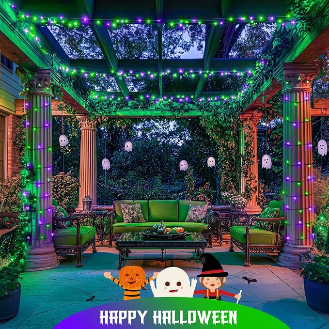JMEXSUSS 2 Pack Solar Halloween Lights, Tot. 400LED 151FT, Purple and Green | Outdoor Waterproof, 8 Modes Solar String Lights for Outside Patio Yard Garden Tree Decorations