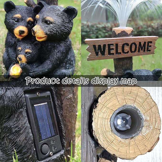 Solar Bear Garden Statues,Resin Black Bear Family Figurine with Welcome Card and 7-Color Changing Optical Fiber with Solar Lights, Lawn Decor Outdoor Statue for Patio,Balcony,Yard,Lawn