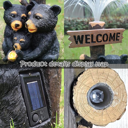 Solar Bear Garden Statues,Resin Black Bear Family Figurine with Welcome Card and 7-Color Changing Optical Fiber with Solar Lights, Lawn Decor Outdoor Statue for Patio,Balcony,Yard,Lawn