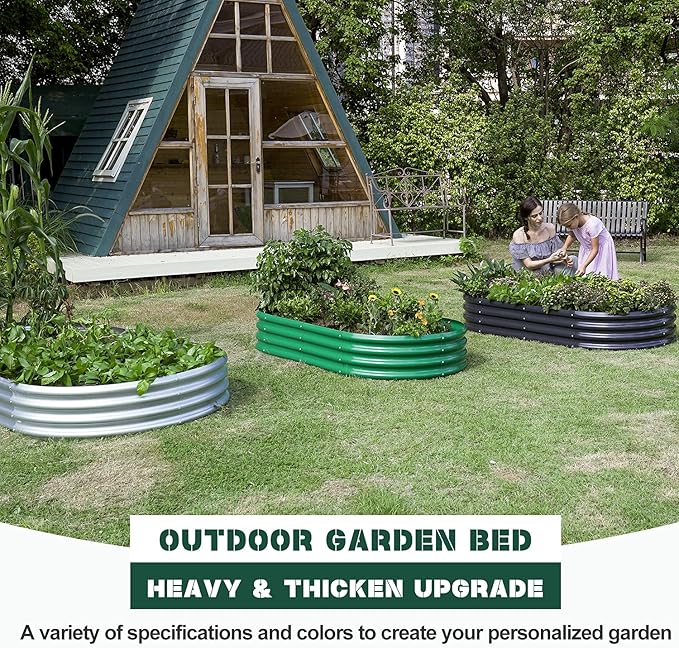 People tending to garden beds in a backyard with a small house in the background.