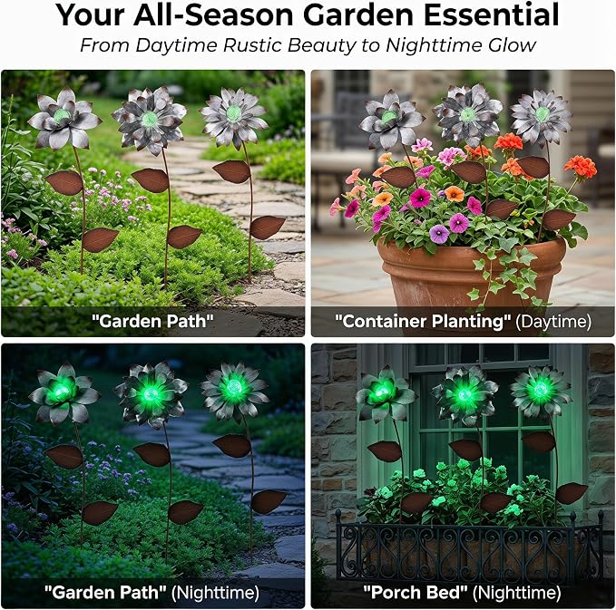 Glow in The Dark Flower Garden Stakes, 3 Pack Colorful Luminous Metal Yard Decor, 14 Inch Outdoor Night Glow Floral Stakes for Lawn, Patio, Flower Beds & Planters