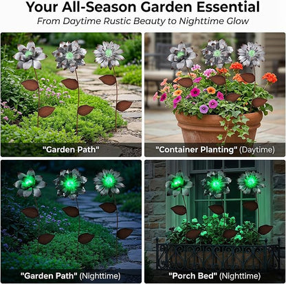 Glow in The Dark Flower Garden Stakes, 3 Pack Colorful Luminous Metal Yard Decor, 14 Inch Outdoor Night Glow Floral Stakes for Lawn, Patio, Flower Beds & Planters