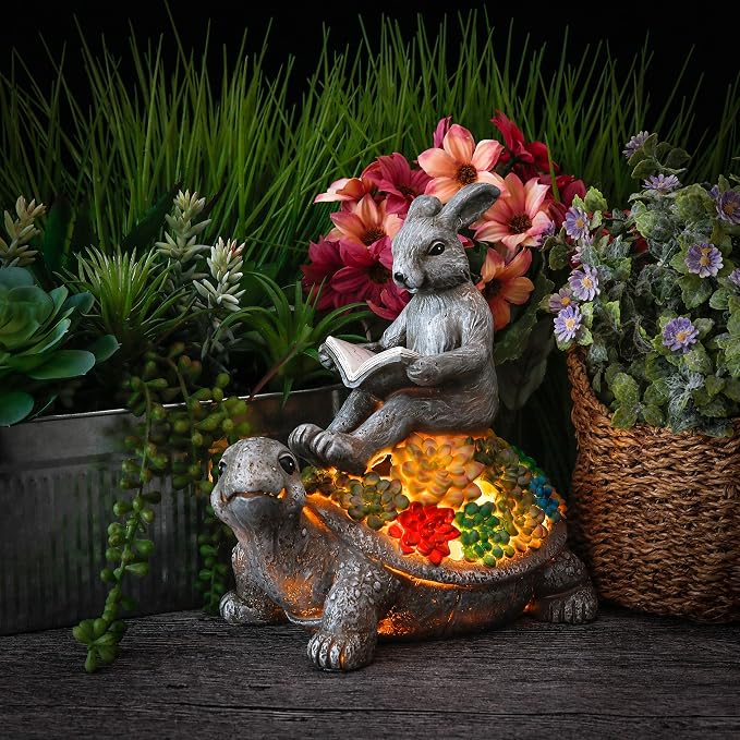 TERESA'S COLLECTIONS Garden Decor, Rabbit Turtle Garden Decor, Cute Bunny and Tortoise with Solar Light, Waterproof Resin Garden Statue, Rabbit Turtle Gifts, Birthday Gifts for Women Mom 6.3"