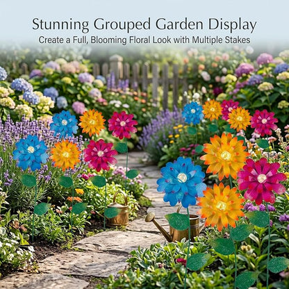 Garden Decor for Outside, 3 Pack Metal Flower Garden Stakes with Glow Beads, Swaying Yard Art for Lawn, Patio, Flower Beds & Outdoor Garden Decorations