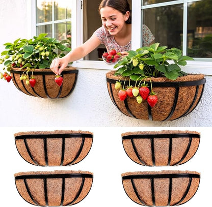 LaLaGreen Wall Planters for Outdoor Plant (16 Inch, 4 Pack) Deck Railing Planter Boxes for Outside Plants Window Flower Box with Coco Liners Metal Horse Troughs Fence Garden Herb Patio Porch over Rail