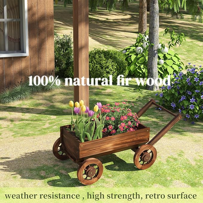 Wooden Wagon Garden Planter Cart with Wheels Rustic Flower Pot – Indoor Outdoor Patio Backyard Balcony Decor for Flowers and Plants(Large)