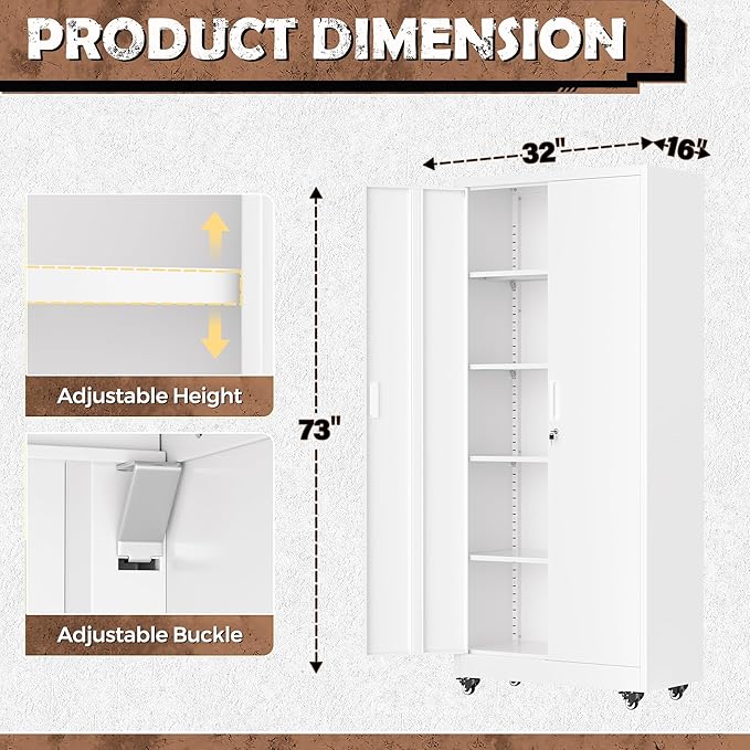 INTERGREAT Metal Garage Storage Cabinet with Wheels, Rolling Storage Cabinet with Locking Doors and 4 Adjustable Shelves,- 73" Steel Tool Cabinet for Home Office,Garage,Warehouse，White