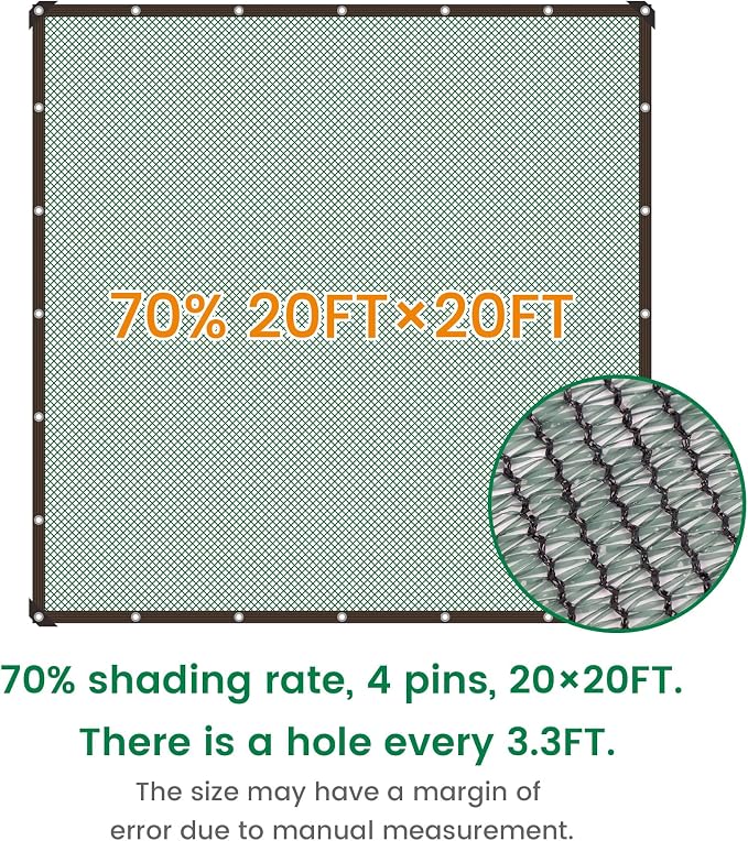 Shade Cloth, 20FT X 20FT 70% Green Outdoor Woven Sun Shade with Grommets, Durable Breathable Netting Shading Antifreezing for Patio, Garden, DIY Home, Plants Cover, Greenhouse, Dog Kennel