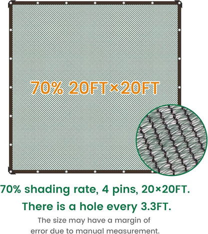 Shade Cloth, 20FT X 20FT 70% Green Outdoor Woven Sun Shade with Grommets, Durable Breathable Netting Shading Antifreezing for Patio, Garden, DIY Home, Plants Cover, Greenhouse, Dog Kennel