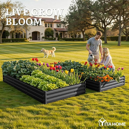 YITAHOME 4pcs 8x4x1ft Galvanized Raised Garden Bed, Metal Planter Box with Safety Rubber, Gloves, Outdoor Flower Bed for Planting Plants Vegetables, Black