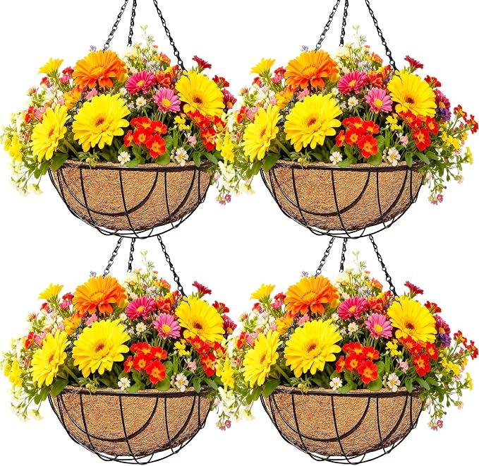 4 Pack 12 Inch Black Metal Hanging Basket Hanging Planter with Coco Coir Liner Heavy Duty Hanging Flower Pot Holder for Indoor Outdoor Patio Garden Porch Balcony Decor (Earth)