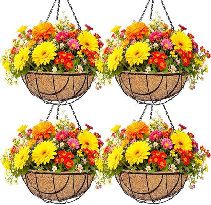 4 Pack 12 Inch Black Metal Hanging Basket Hanging Planter with Coco Coir Liner Heavy Duty Hanging Flower Pot Holder for Indoor Outdoor Patio Garden Porch Balcony Decor (Earth)