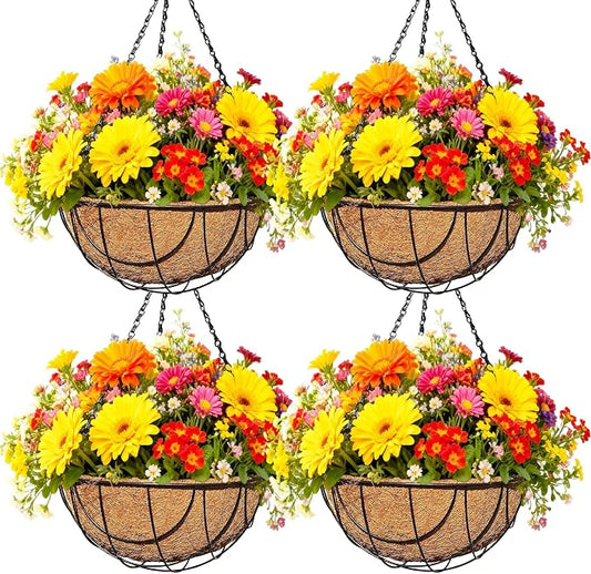 4 Pack 12 Inch Black Metal Hanging Basket Hanging Planter with Coco Coir Liner Heavy Duty Hanging Flower Pot Holder for Indoor Outdoor Patio Garden Porch Balcony Decor (Earth)