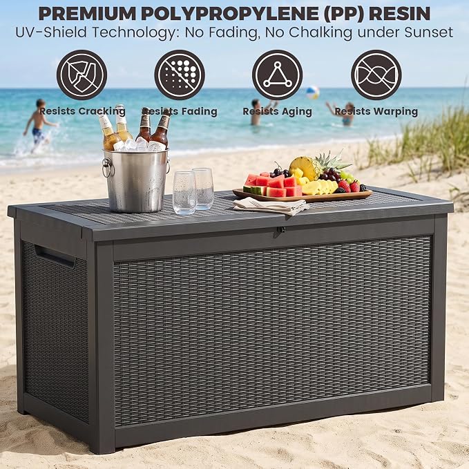 Outdoor Storage Box, 320 Gallon Waterproof Deck Box [Upgraded 3.1], Giant Resin Storage for King Cushions, Lockable Bench Chest, Estate Yard Garden BBQ Gathering, Black