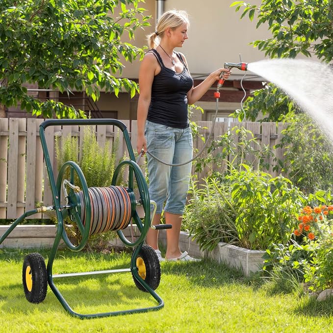 Hose Reel Cart, 250FT 5/8" All-Terrain Mobile Water Hose Truck, Heavy-Duty Rust-Proof Iron Frame Industrial Garden Cart for Outdoor Lawn Yard & Car Washing
