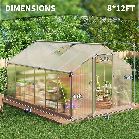 8x12 ft Walk-in Greenhouse, Polycarbonate Panels with Reinforced Aluminum Frame, Large Garden Green House for Planting and Seed Starting, Quick-Assembly Structure with Adjustable Roof Vent