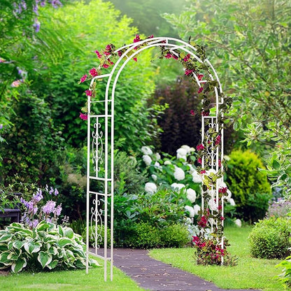 Plow & Hearth Arch Metal Outdoor Garden Arbor Montebello White, 7 Feet Tall, Iron Trellis Lattice for Climbing Plants, Wedding Arch, Outdoor Patio Décor