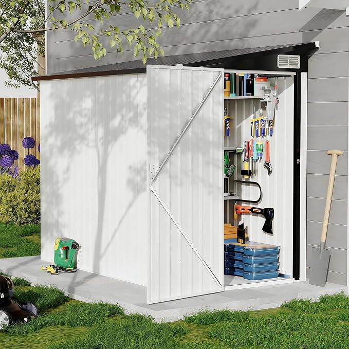 GarveeLife 4×8 ft Lean to Storage Shed, Heavy-Duty Outdoor Metal Storage Shed, Garden Tool Metal StorageHouse W/Lockable Door and 2 Air Vents