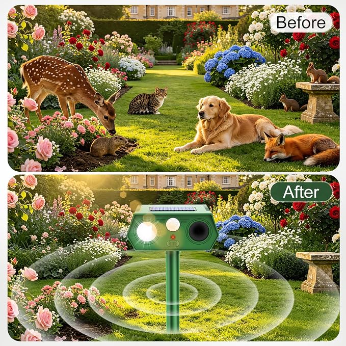 2 Pack 2026 Upgraded Solar Ultrasonic Animal Repellent Outdoor, Deer Repellent Devices Waterproof, Motion Activated Cat Repellent Outdoor, Squirrel Raccoon Skunk Rabbit Dog Bird Deterrents for Yard
