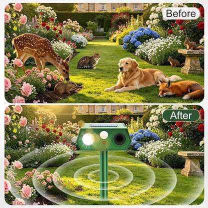 2 Pack 2026 Upgraded Solar Ultrasonic Animal Repellent Outdoor, Deer Repellent Devices Waterproof, Motion Activated Cat Repellent Outdoor, Squirrel Raccoon Skunk Rabbit Dog Bird Deterrents for Yard