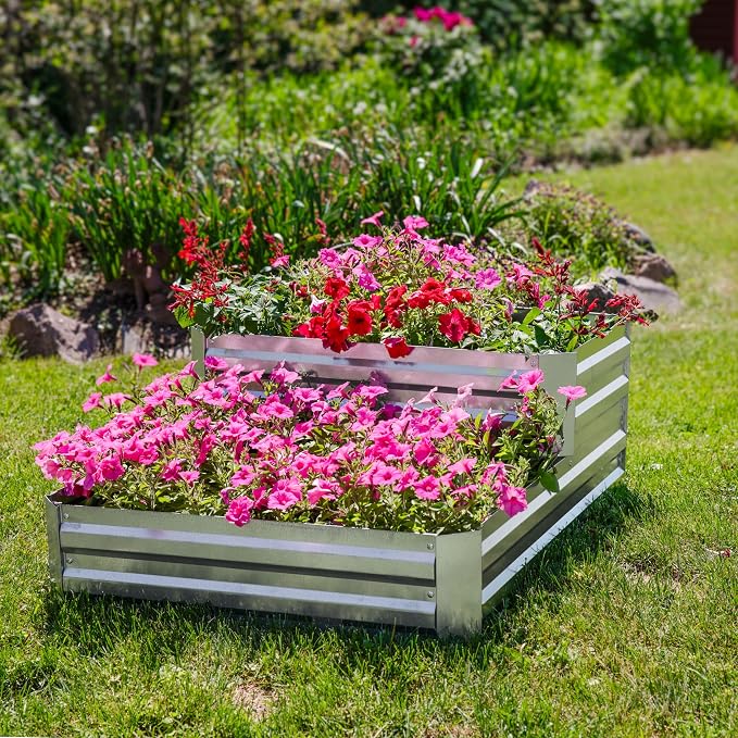 Sunnydaze 2-Tier Galvanized Steel Raised Garden Bed - for Flowers, Plants, and Vegetables - 94.5-Gal Soil Capacity - Silver