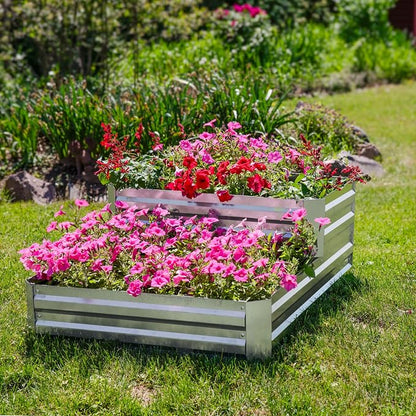 Sunnydaze 2-Tier Galvanized Steel Raised Garden Bed - for Flowers, Plants, and Vegetables - 94.5-Gal Soil Capacity - Silver
