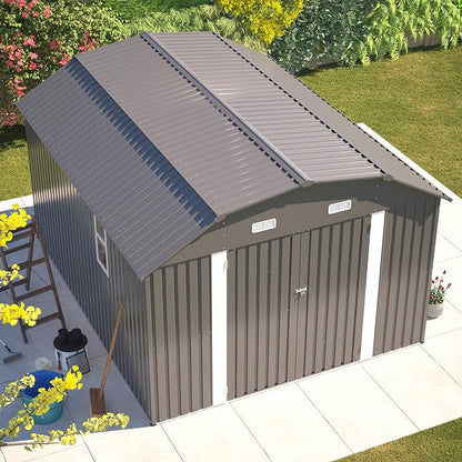 YOPTO 10×12 FT Outdoor Storage Shed,Heavy-Duty Metal Shed with Floor Base,All Weather Waterproof Tool Shed W/Diamond Roof & Windows,Lockable Double Door & 4 Air Vents,for Backyard,Patio,Lawn,Gray