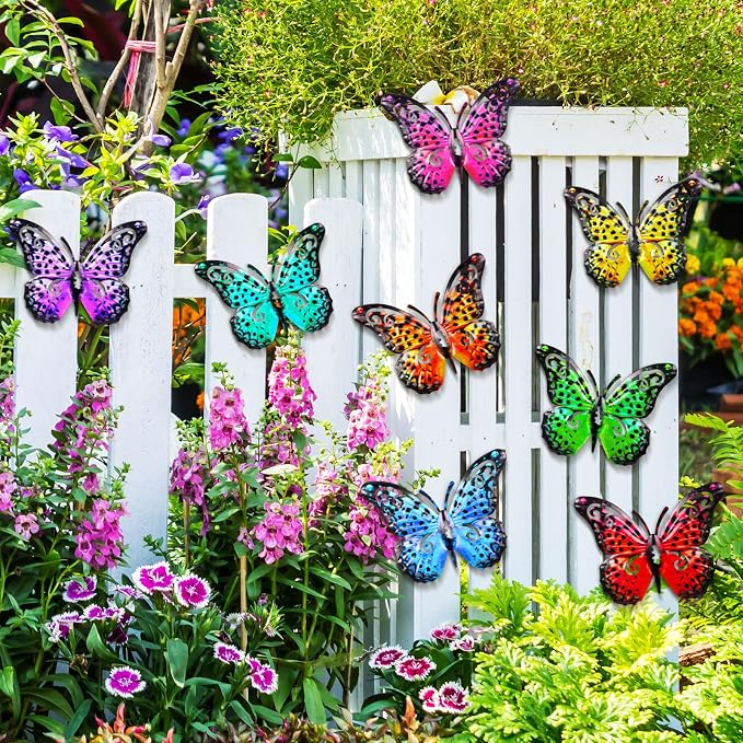 Jetec 8 Pcs Metal Butterfly Wall Decor 6.5 Inch Outdoor Butterflies Wall Art Sculpture 3D Butterfly Hanging Decoration for Spring Outside Fence Garden Yard Home Patio Balcony(Bright Style)