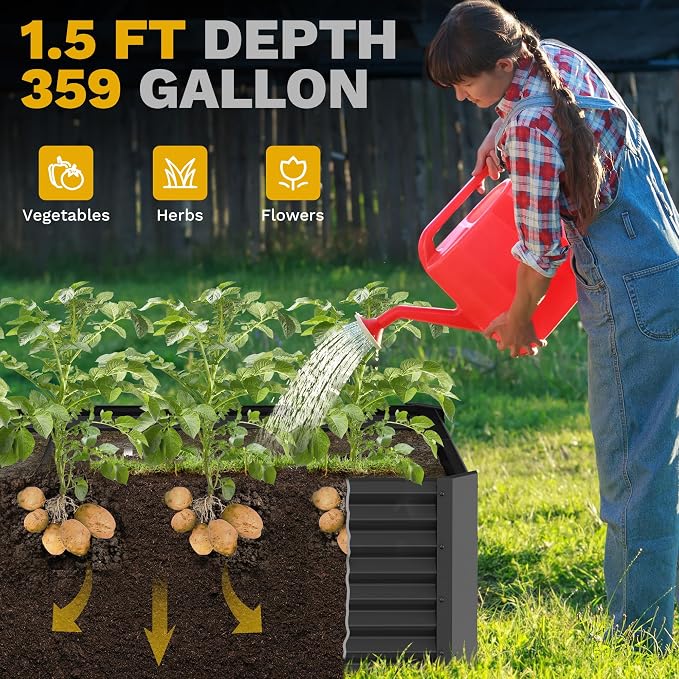 DWVO 2pcs 8 x 4 x 1.5 FT Raised Garden Bed Kit, Outdoor Galvanized Flower Bed with Safety Rubber and Gloves, Large Metal Planter Box for Vegetables, Flowers, Herbs, Fruits, Black