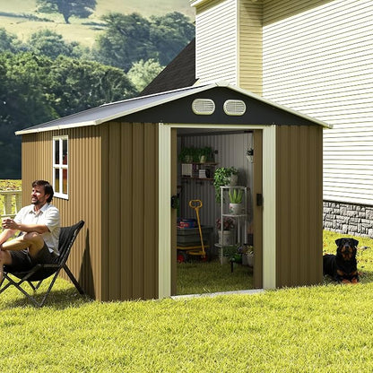 YOPTO 8x12 FT Outdoor Storage Shed, Metal Garden Shed with Window, Lockable Door & Sloped Roof, Large Waterproof Utility Tool Shed for Backyard, Garden, Patio, Lawn, Brown