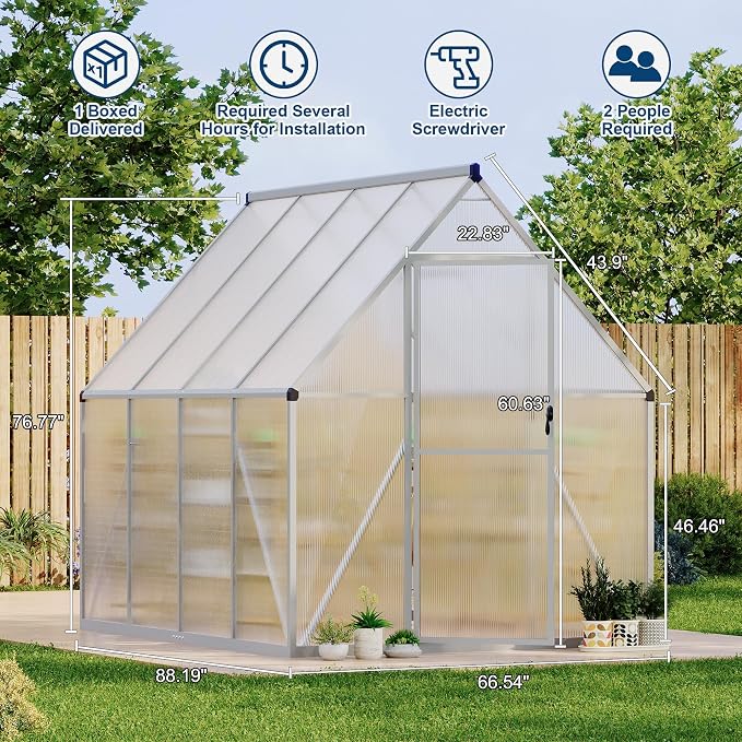 CABIHOME 8x12 FT Outdoor Greenhouse, Polycarbonate Greenhouse with Roof Vent and Ground Nails, Aluminum Large Walk-in Green House w/ Lockable Push Door for Outdoor Garden (Silver, 6x7 FT)