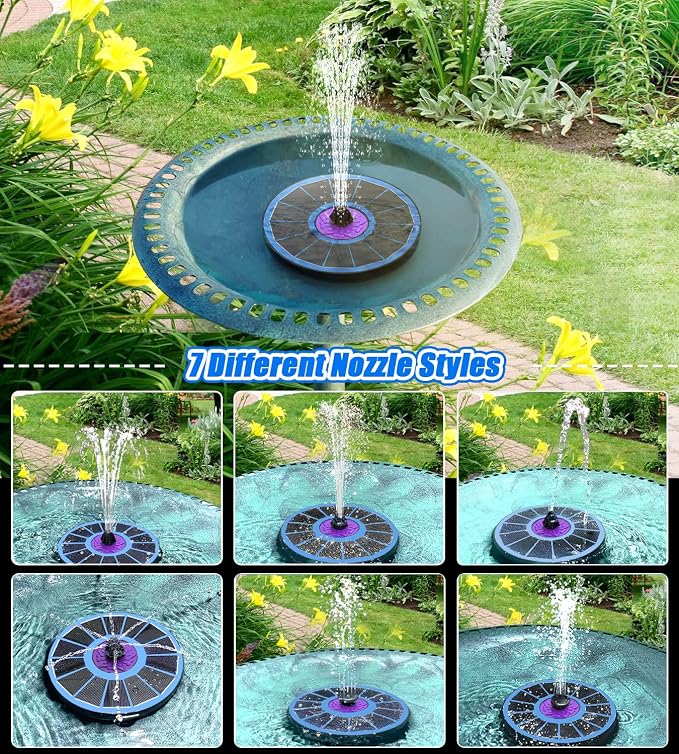 SZMP Solar Fountain 3.5W Bird Bath Fountains with Flower Upgraded Glass Panel, Solar Powered Water Fountain with 7 Nozzle & 4 Fixer, Solar Fountain Pump for Bird Bath, Garden, Pond, Pool (Blue)